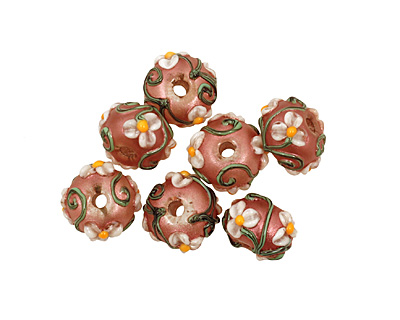 Grace Lampwork Ivory Mist Flower on Coral Rondelle 9x14mm