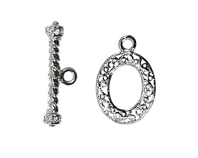 Silver (plated) Filigree Toggle Clasp w/ Roped Bezel Bar 21x32mm, 37x11mm