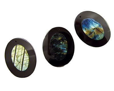 Labradorite Oval Pendant Inlayed in Black Jasper 34x44mm