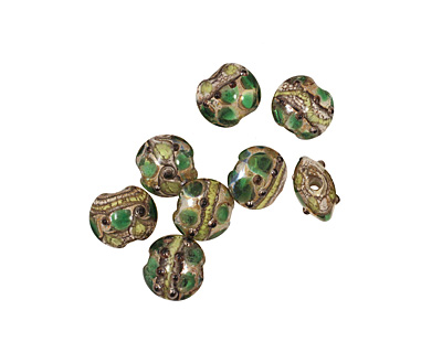 Grace Lampwork Dark Green w/ Metal Foil Lentil 14x15mm