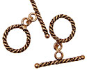 Antique Copper Toggle Clasp w/ Triple Twist Rope 15mm, 28mm Bar