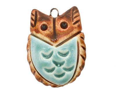 Earthenwood Studio Ceramic Round Owl Pendant w/ Seafoam Belly 25x35mm