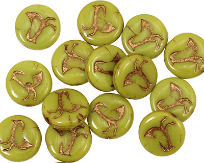 Czech Glass Chartreuse Coin w/ Bird 11mm