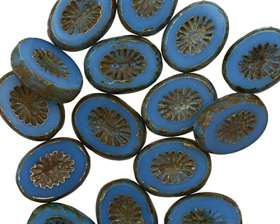 Czech Glass Opaque Cornflower Blue Picasso Oval w/ Star Window 14x10mm