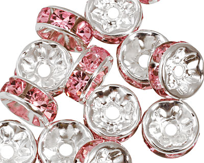 Silver (plated) Light Rose Rhinestone Rondelle 4x8mm