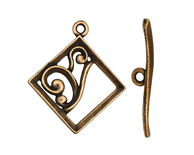 Antique Brass (plated) Diamond w/ Swirls Toggle Clasp 28x24mm, 29mm bar