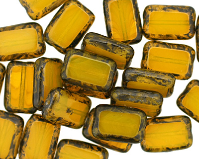 Czech Glass Milky Yellow Picasso Rectangle 12x8mm