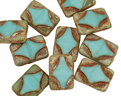Czech Glass Turquoise Picasso Table Cut Rectangle 15x11mm