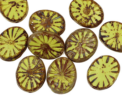 Czech Glass Vintage Chartreuse Picasso Flower Window Oval 17x13mm