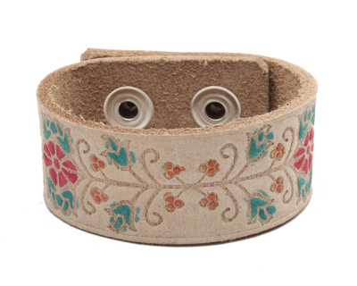 Hand Painted Natural Floral Vine Print Leather Cuff 1 1/16
