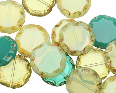 Czech Glass Aloe Bottle Carved Coin 13mm