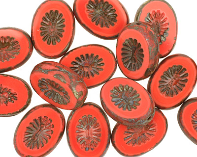 Czech Glass Pink Silk Picasso Oval w/ Star Window 14x10mm