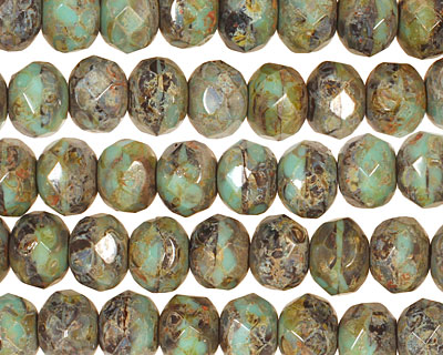 Czech Glass Mint Chocolate Chip Picasso Fire Polished Rondelle 6x9mm