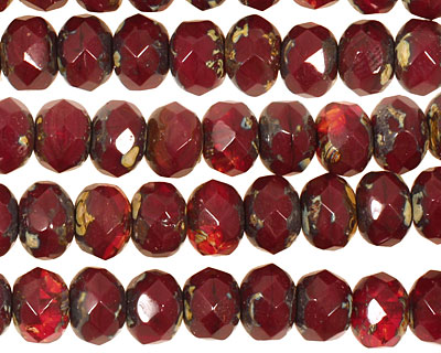Czech Glass Oxblood Picasso Fire Polished Rondelle 6x9mm