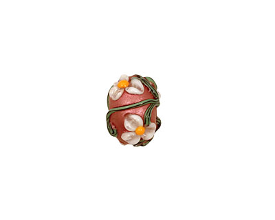 Grace Lampwork Ivory Mist Flower on Coral Rondelle 9x14mm