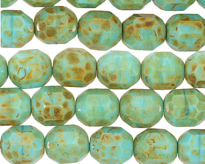 Czech Glass Picasso Blue Green Faceted Barrel 10x9mm