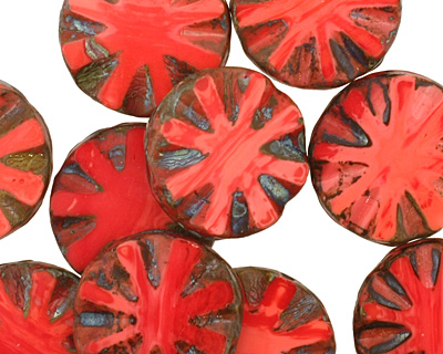 Czech Glass Red Vintage Flower Window Coin 18mm