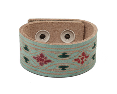 Hand Painted Aqua Floral Craftsman Print Leather Cuff 1 1/16
