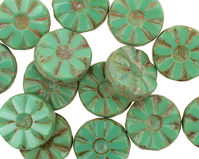 Czech Glass Emerald Picasso Flower Window Coin 12mm
