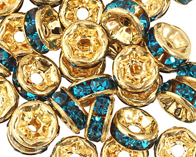 Gold (plated) Teal Rhinestone Rondelle 3x6mm