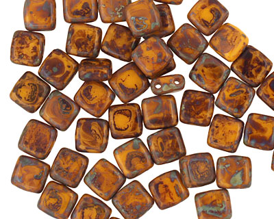 Czech Glass Opaque Yellow Picasso 2-Hole Tile 6mm
